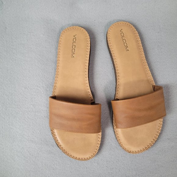 Volcom Womens Size 10M Simple Synthetic Brown Leather Slide Sandal Tan - Picture 2 of 6